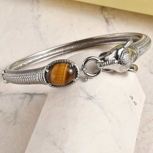 Tigers Eye 6.10 ctw Silver Bangle Bracelet Elephant Design 7.25 In New - Picture 2 of 6